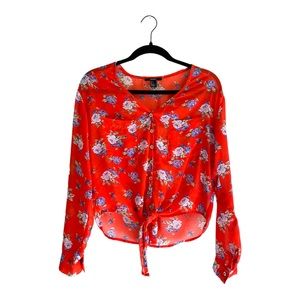 ✨Forever 21✨Red Floral Sheer Tie Front Blouse Size S